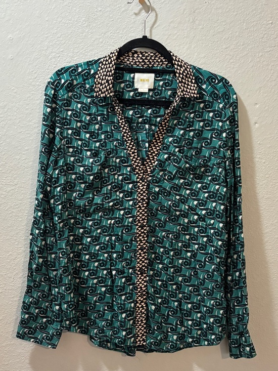 Maeve Tops - Maeve Casia Green Roll-Up Geometric Silk Blend Blouse Size 12
